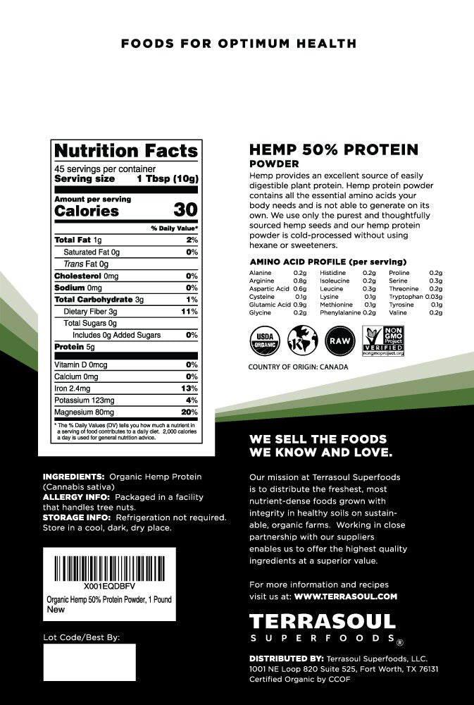 Terrasoul hemp protein powder scoop with bag for serving size.