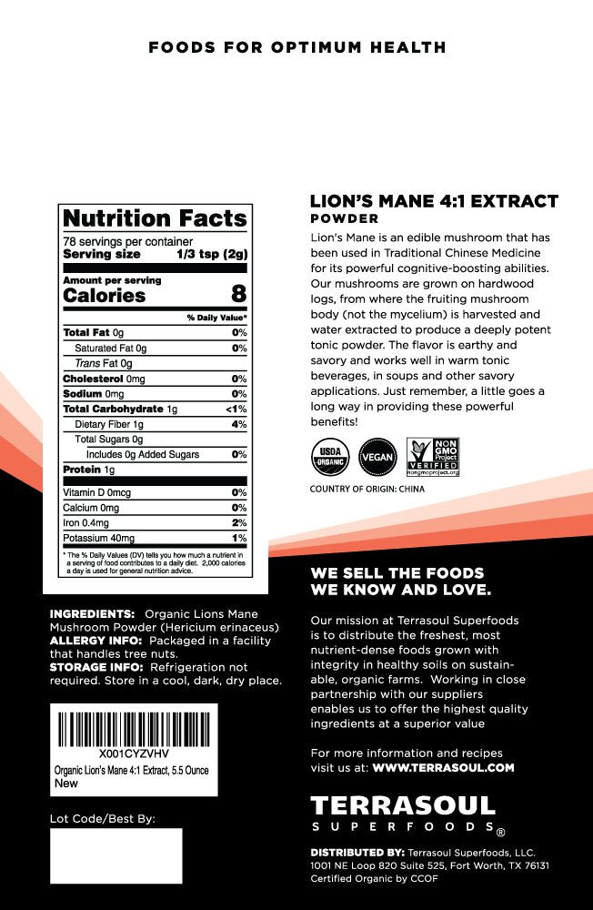 Terrasoul Lions Mane powder label highlights organic, non-GMO and gluten-free quality.