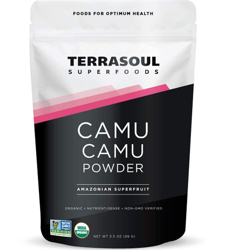 Terrasoul Camu Camu powder jar with scoop highlighting vitamin C potential for smoothies.