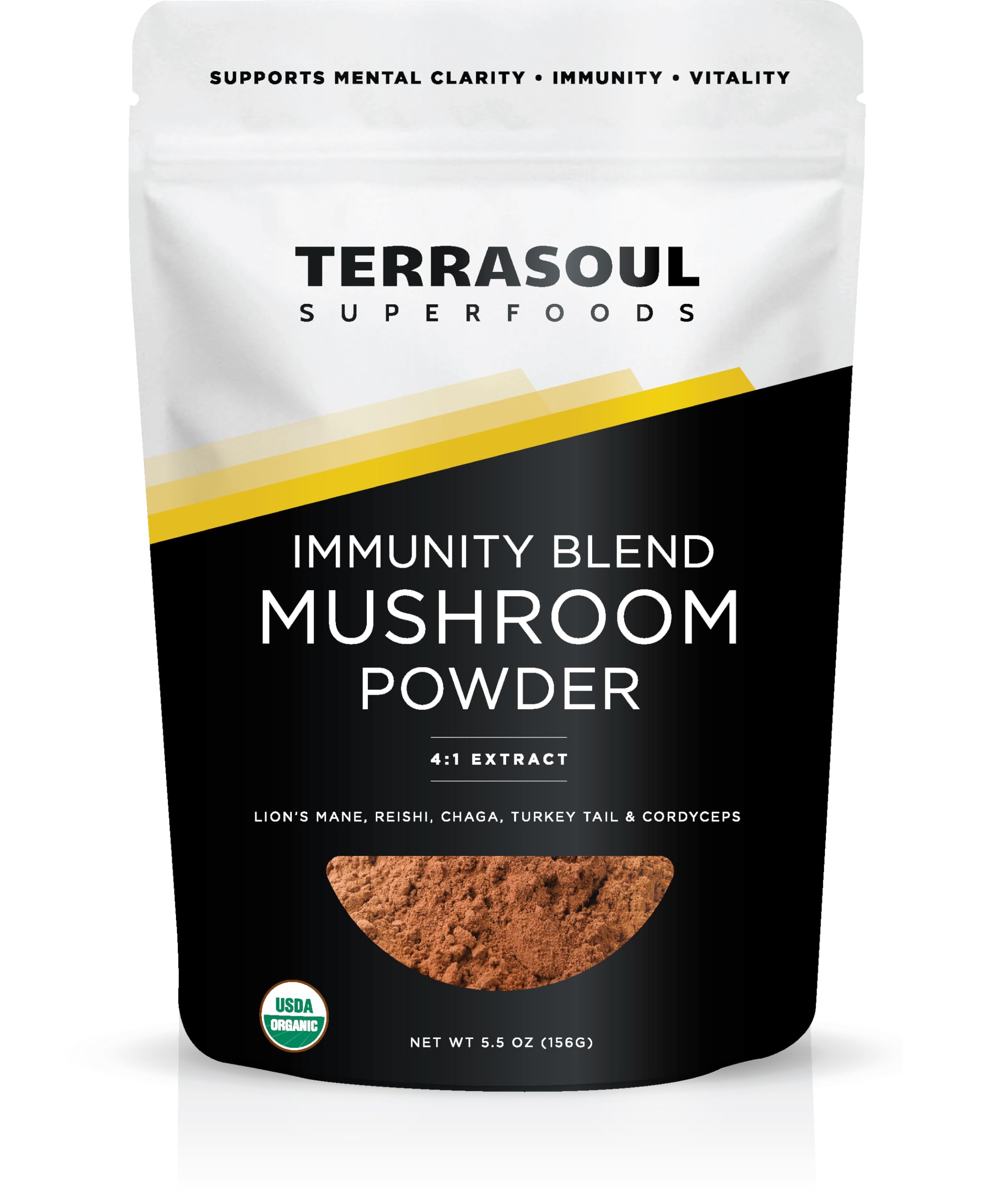 Terrasoul Five Mushroom Blend bottle pour for easy daily use.