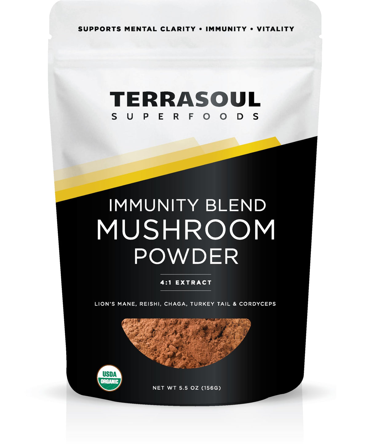 Terrasoul Five Mushroom Blend bottle pour for easy daily use.