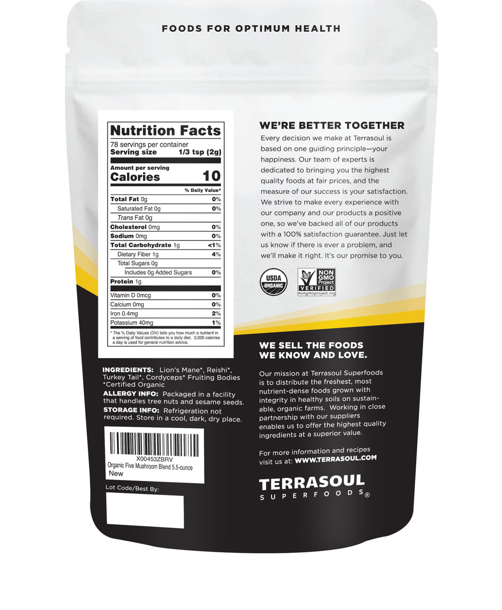 Terrasoul Five Mushroom Blend powder open, ready to mix into smoothies.