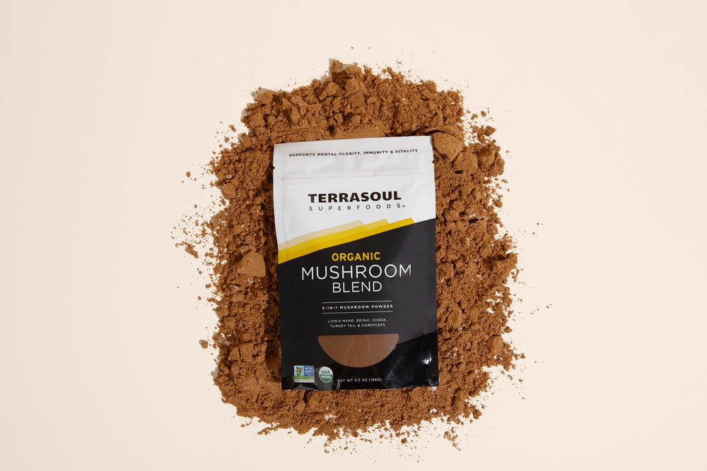 Terrasoul Five Mushroom Blend in a creamy soup bowl for earthy depth.