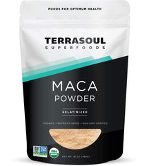Terrasoul Organic Gelatinized Maca Powder packaging shown for easy stocking and quick prep