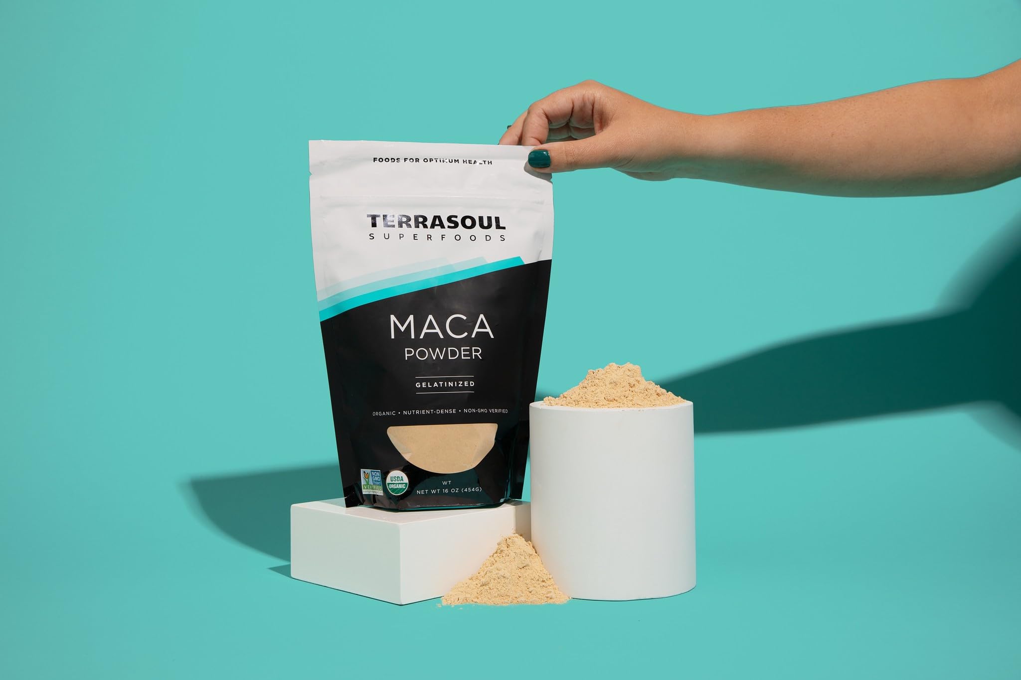 Terrasoul organic maca powder close-up shows fine texture for easy mixing