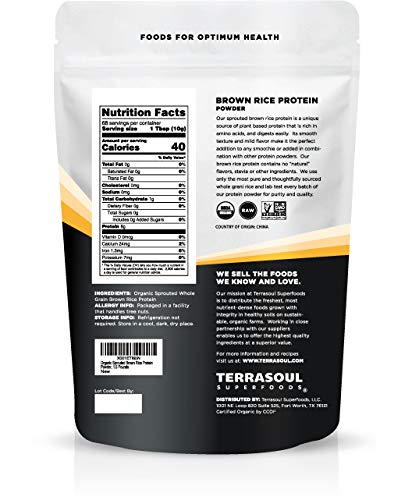 Terrasoul Sprouted Brown Rice Protein pouch front; organic packaging and product name visible.