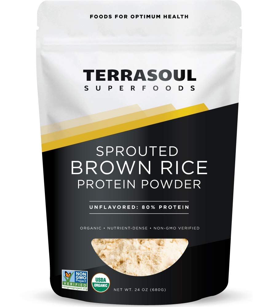 Terrasoul Organic Sprouted Brown Rice Protein powder close-up; smooth texture for shakes.