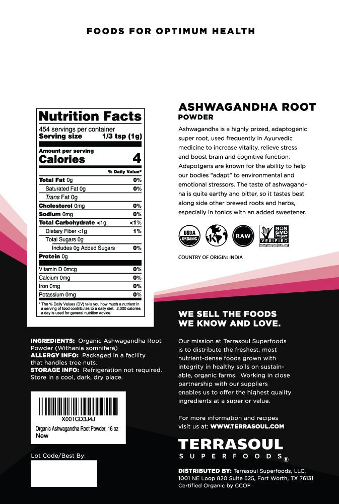 Terrasoul Superfoods Ashwagandha powder with scoop for easy smoothies or tea.
