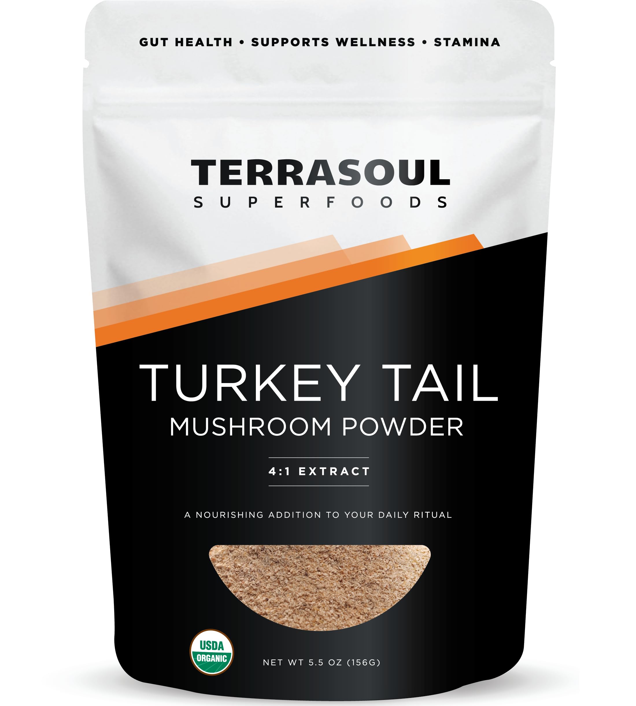 Terrasoul Turkey Tail Extract bottle shows organic, adaptogenic support for daily wellness.