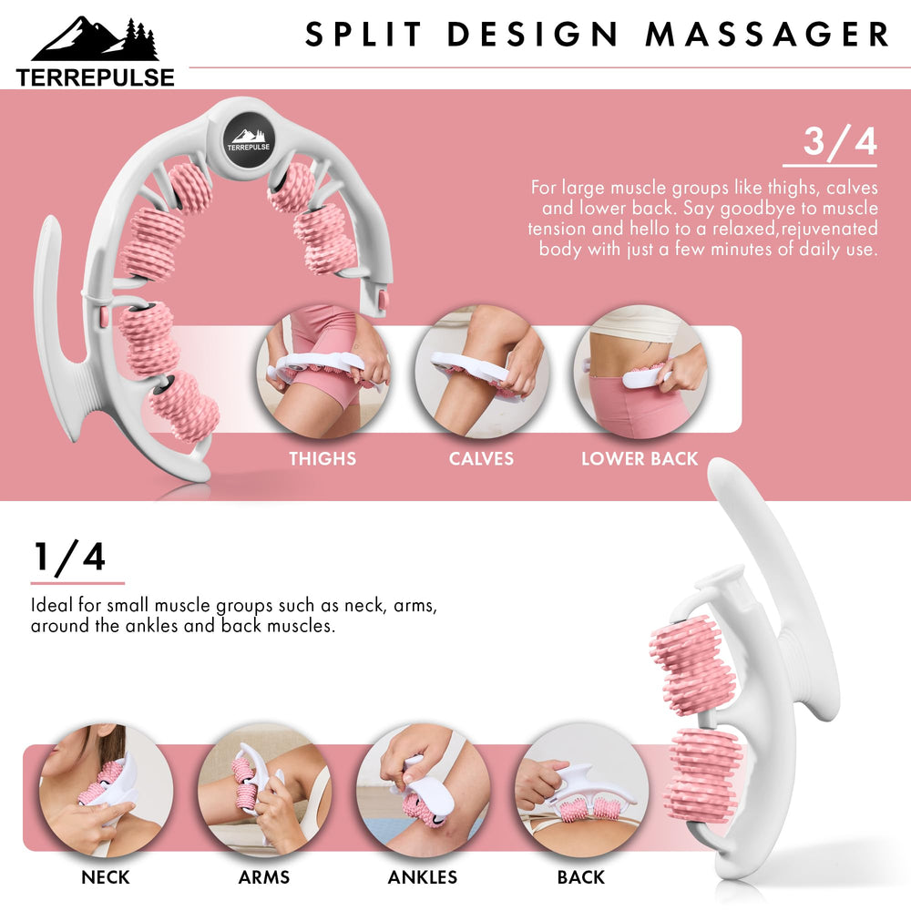 Terrepulse body roller with split-handle design for reaching hard-to-access areas.