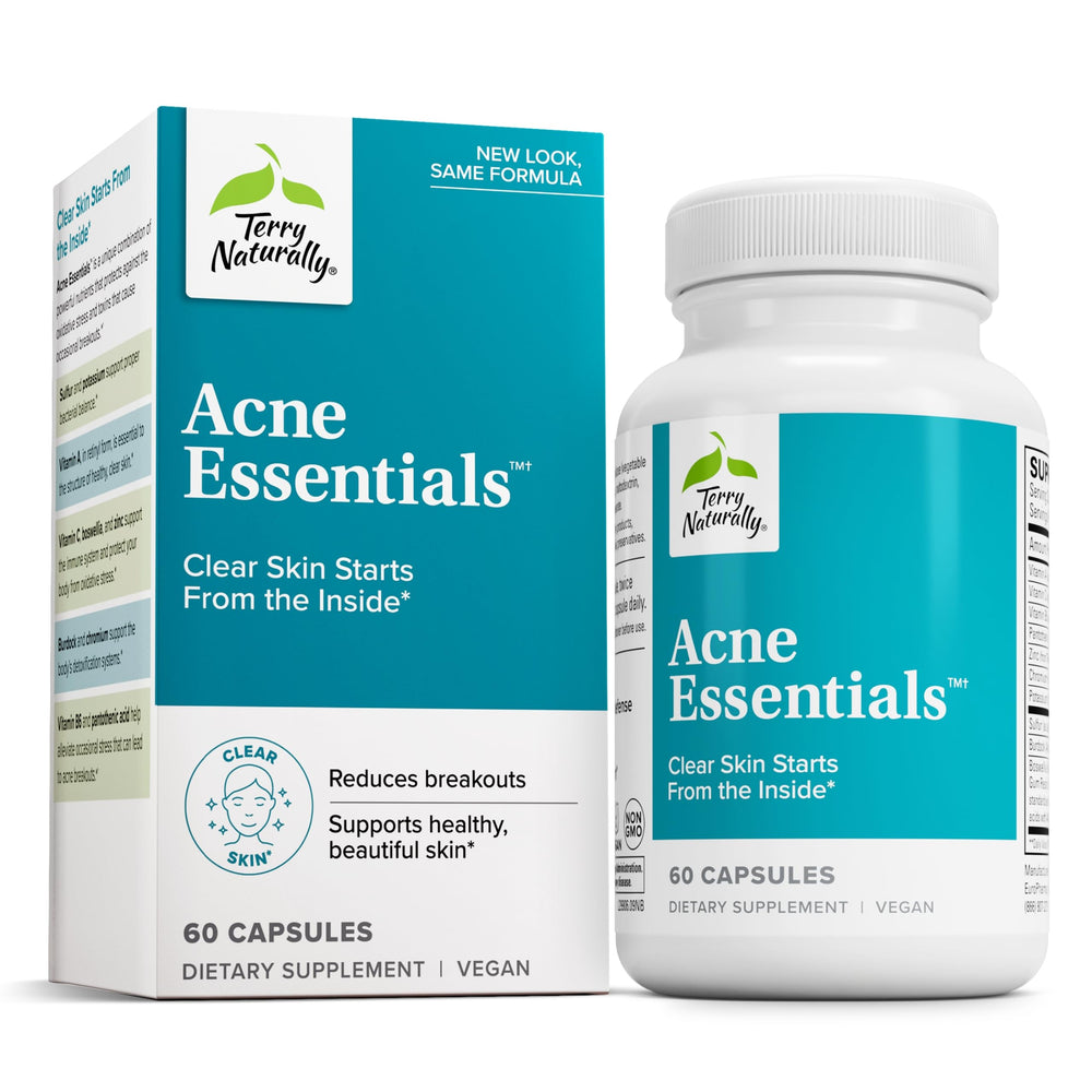 Terry Naturally Acne Essentials bottle illustrates daily skin support for balanced clarity.
