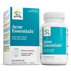 Terry Naturally Acne Essentials bottle illustrates daily skin support for balanced clarity.