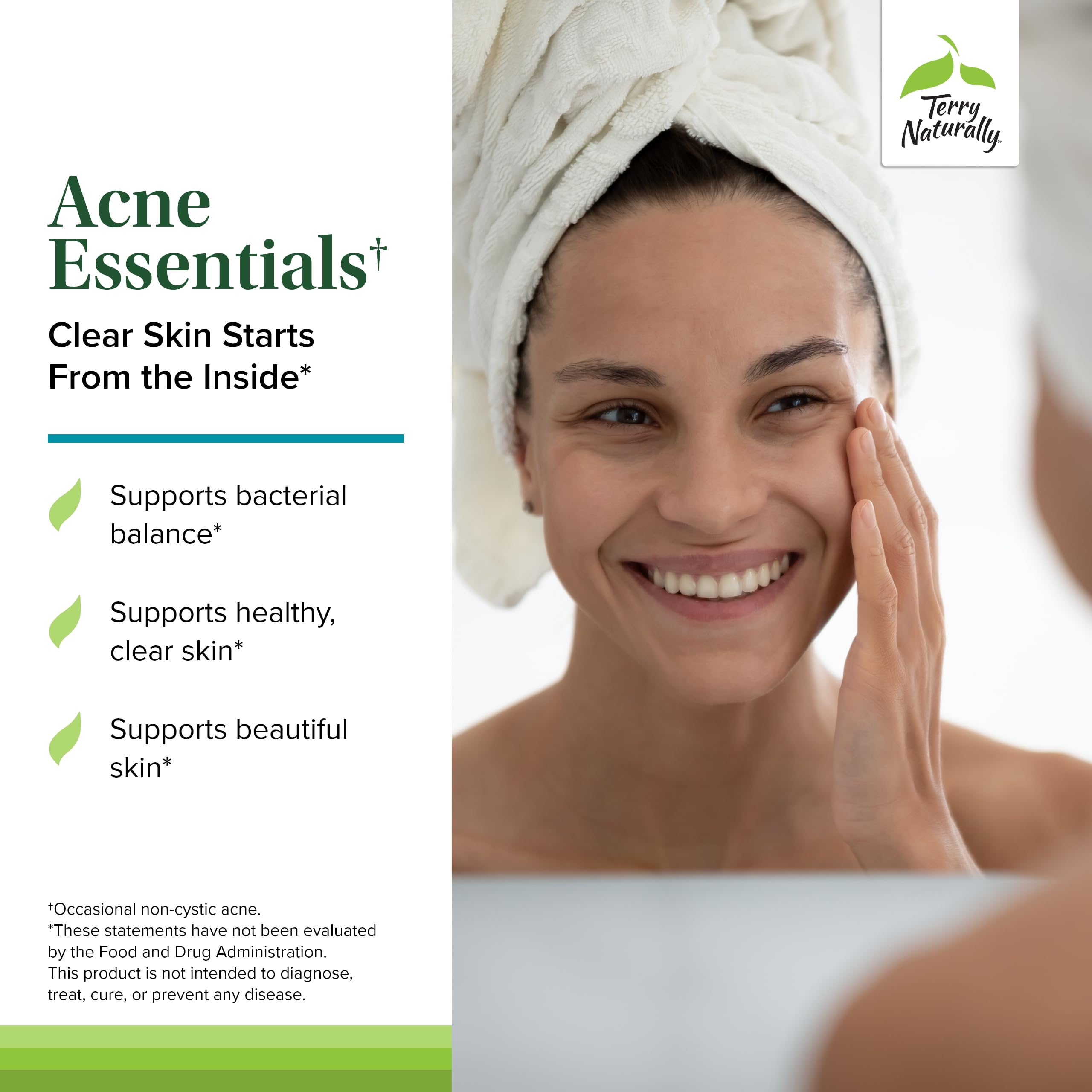 Terry Naturally Acne Essentials daily-use setup shows a routine-friendly bottle and capsules.