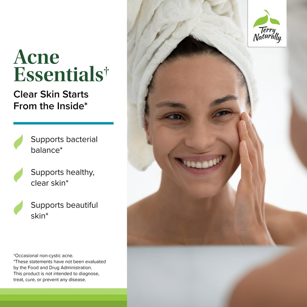 Terry Naturally Acne Essentials daily-use setup shows a routine-friendly bottle and capsules.