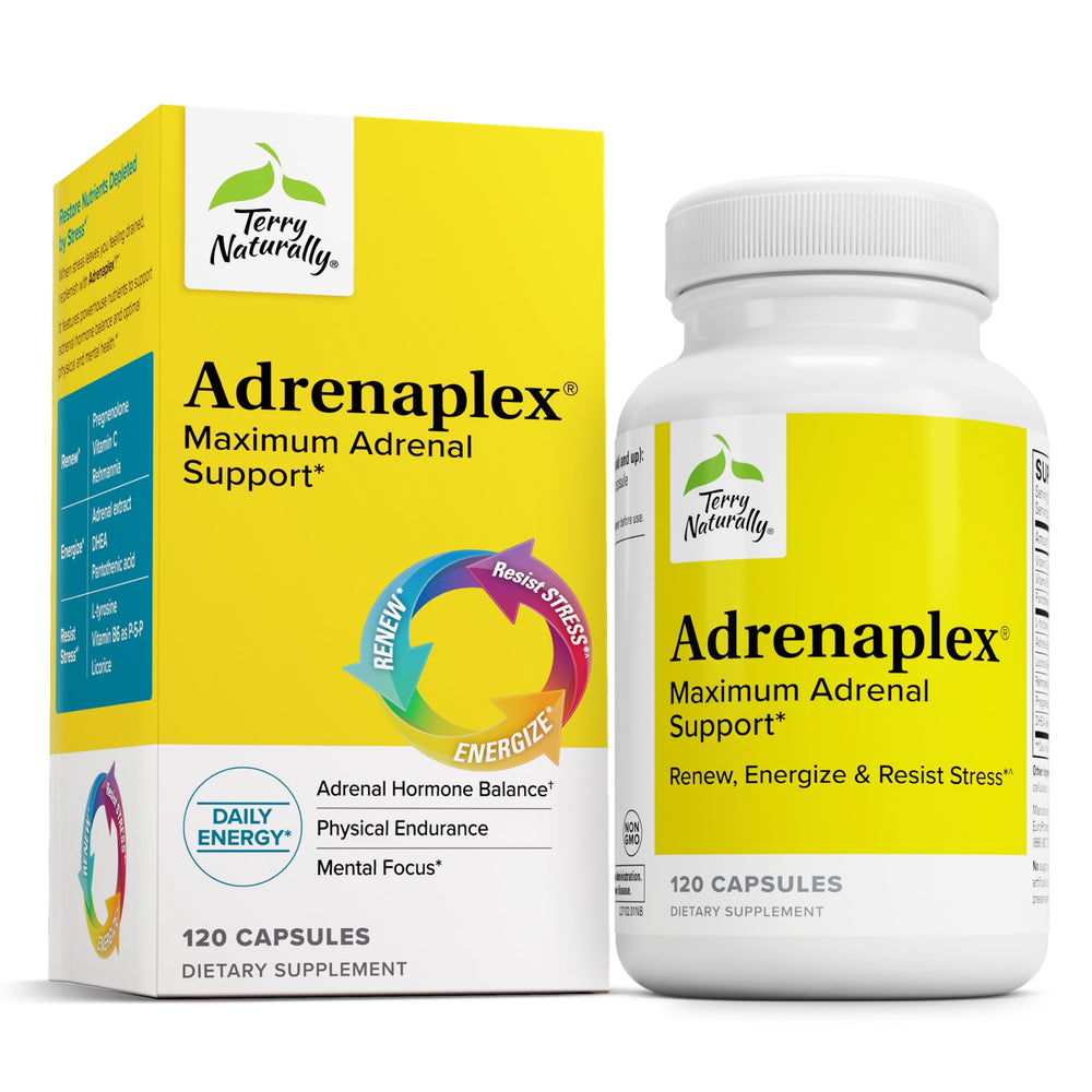 Terry Naturally Adrenaplex bottle front shows the adrenal support formula for daily use.