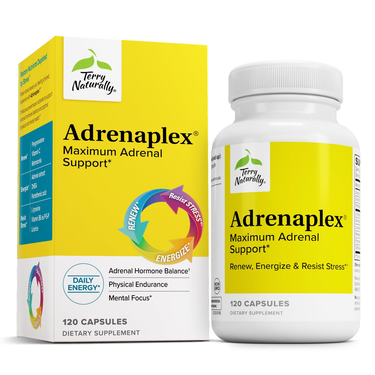 Terry Naturally Adrenaplex bottle front shows the adrenal support formula for daily use.