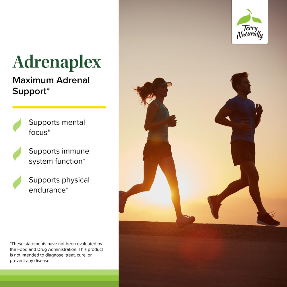 Terry Naturally Adrenaplex ingredients list highlights vitamin C and B6 for energy support.