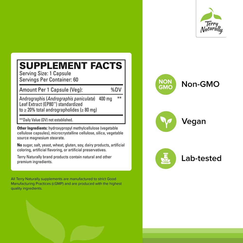 Close-up of Terry Naturally Andrographis EP80 vegan capsules highlighting a plant-based formula.