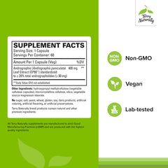 Close-up of Terry Naturally Andrographis EP80 vegan capsules highlighting a plant-based formula.