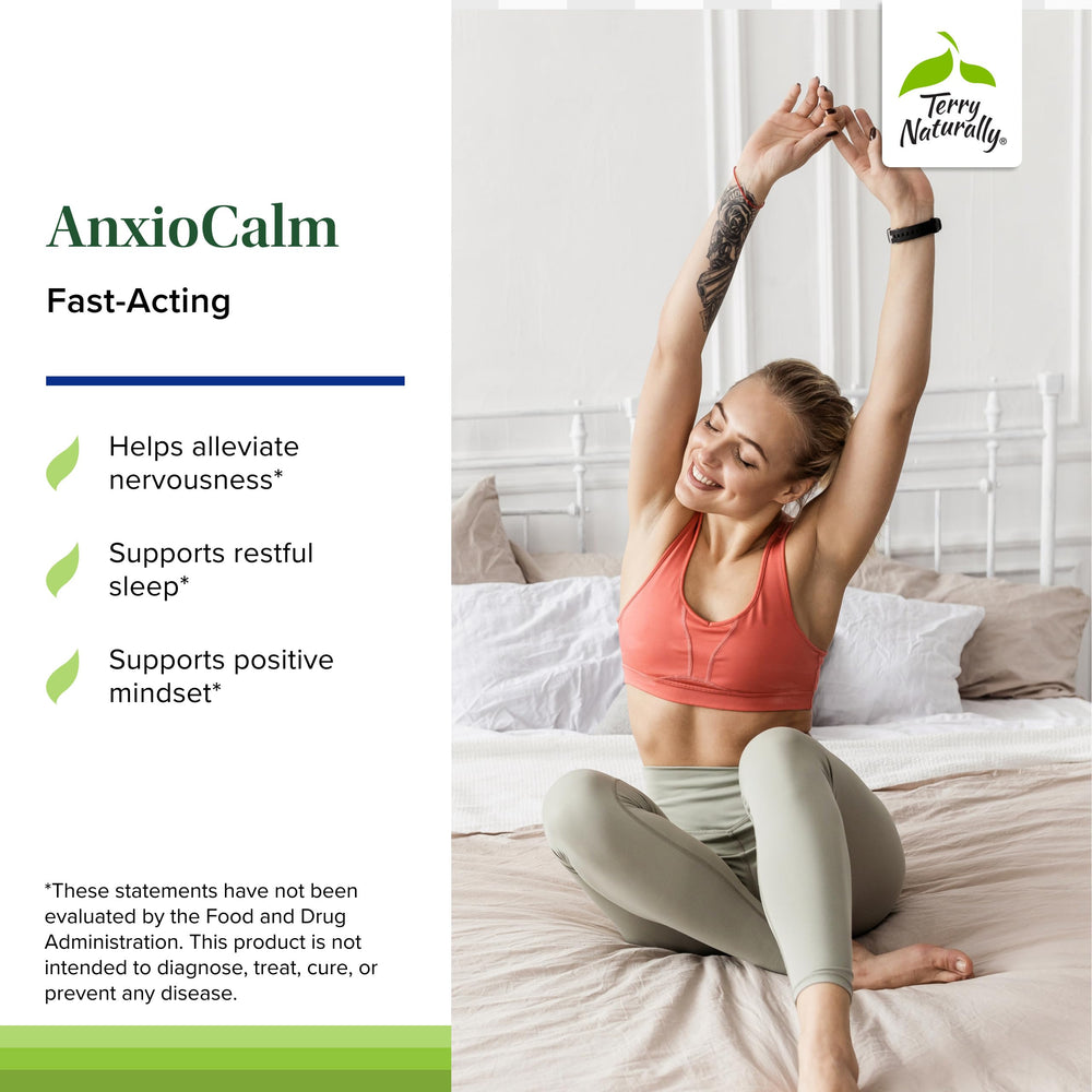 Terry Naturally AnxioCalm tablets closeup highlights non-drowsy, non-addictive formula.