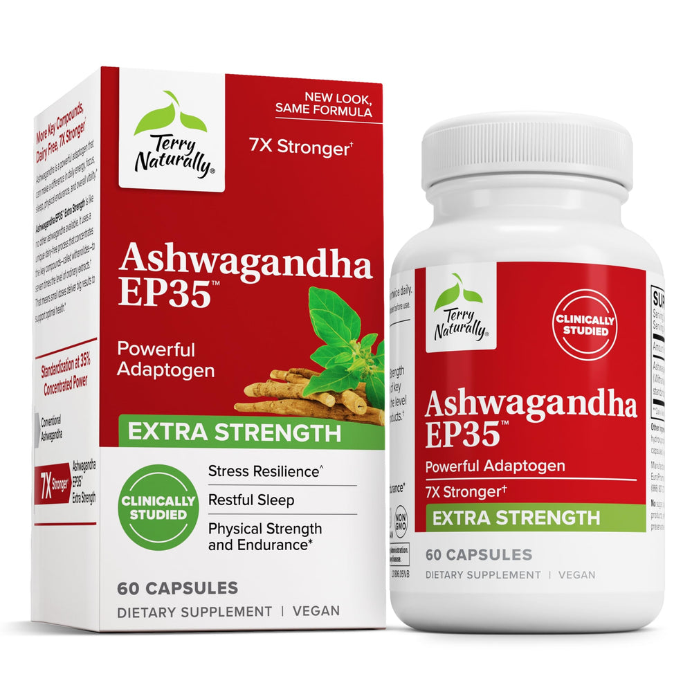 Terry Naturally Ashwagandha EP35 bottle front with label visible, supporting daily stress resilience.
