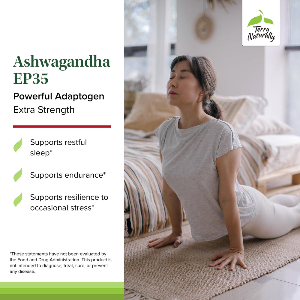 Terry Naturally Ashwagandha EP35 bottle label clearly presents no artificial additives.