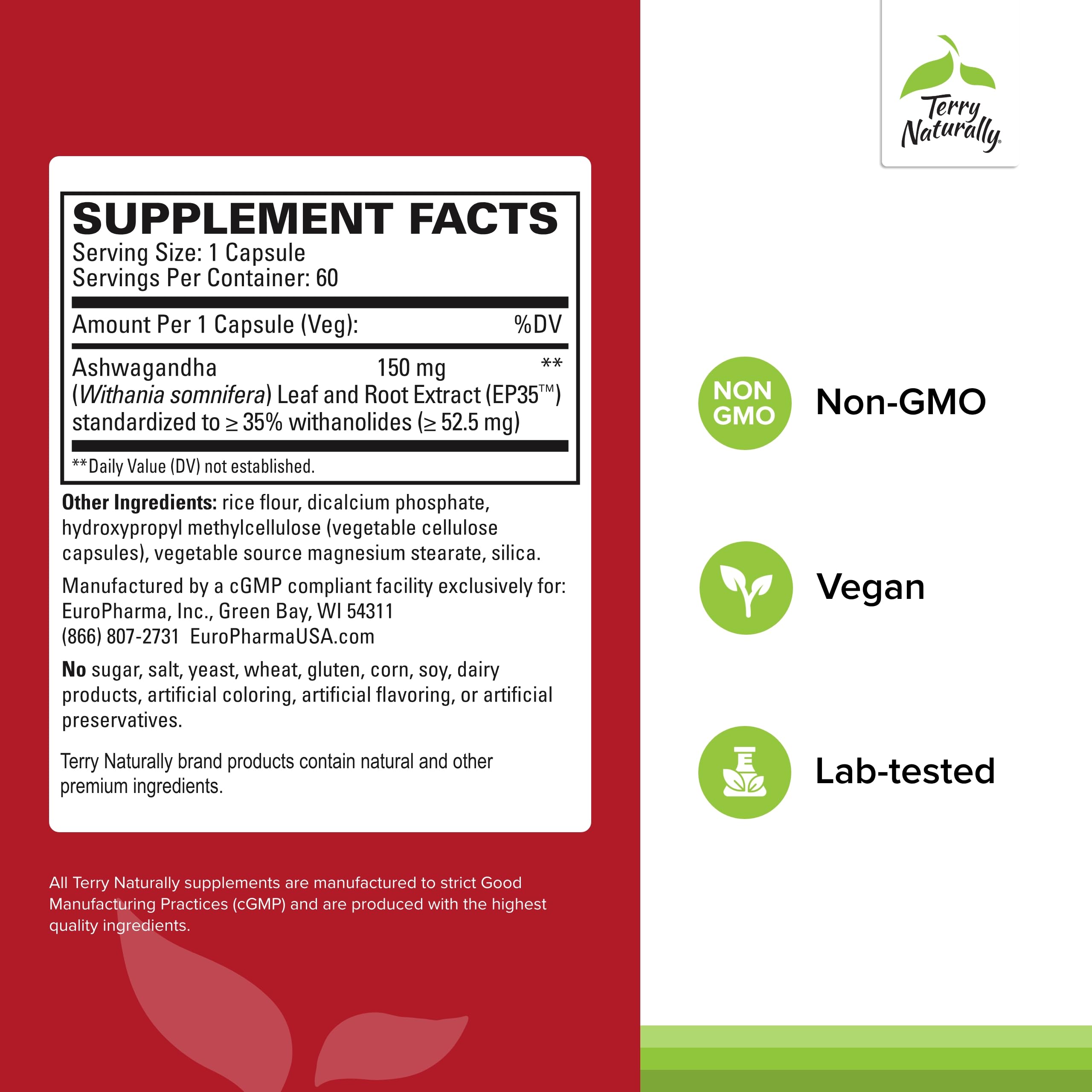 Terry Naturally Ashwagandha EP35 capsules closeup showing soft tablets for energy and focus.