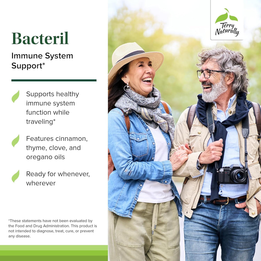 Terry Naturally Bacteril ingredients closeup highlights clove, cinnamon, thyme, oregano