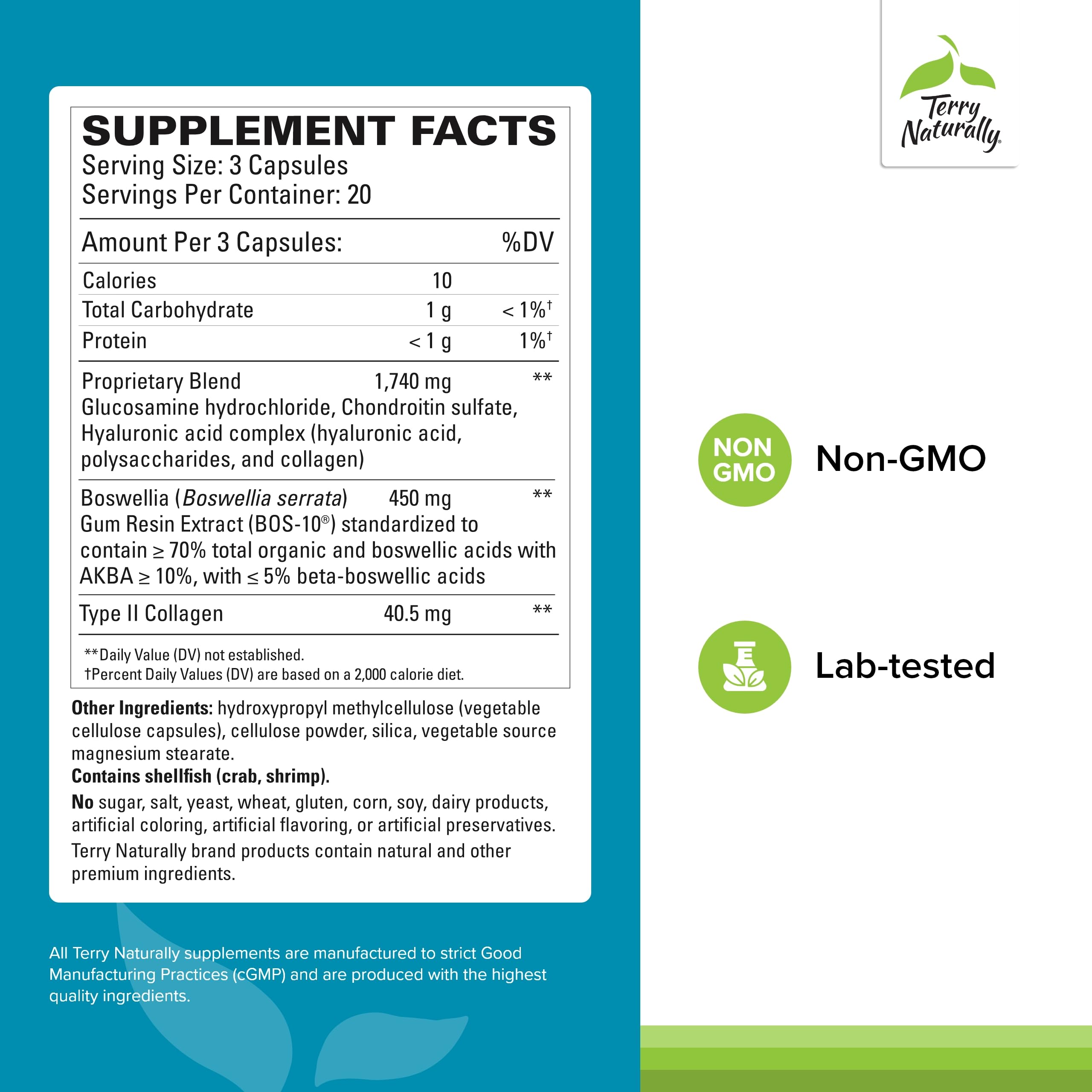Terry Naturally Be Mobile capsules closeup showing collagen and boswellia for joints.