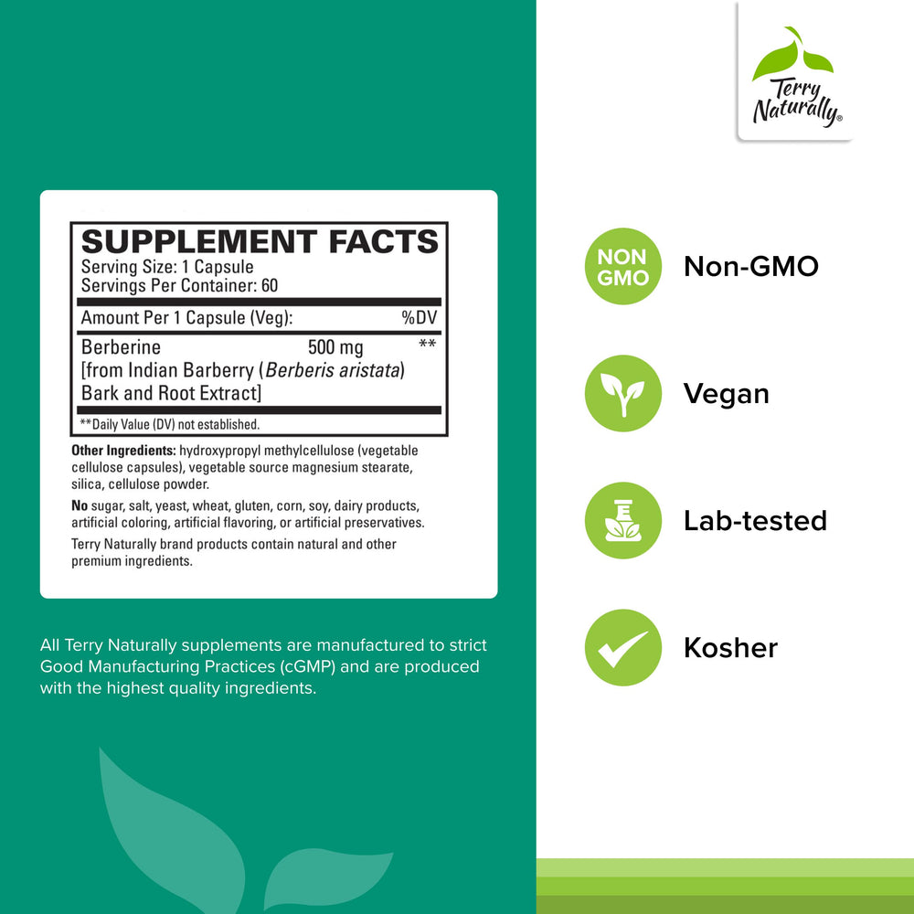 Terry Naturally Berberine capsules close-up highlights easy-to-take format.