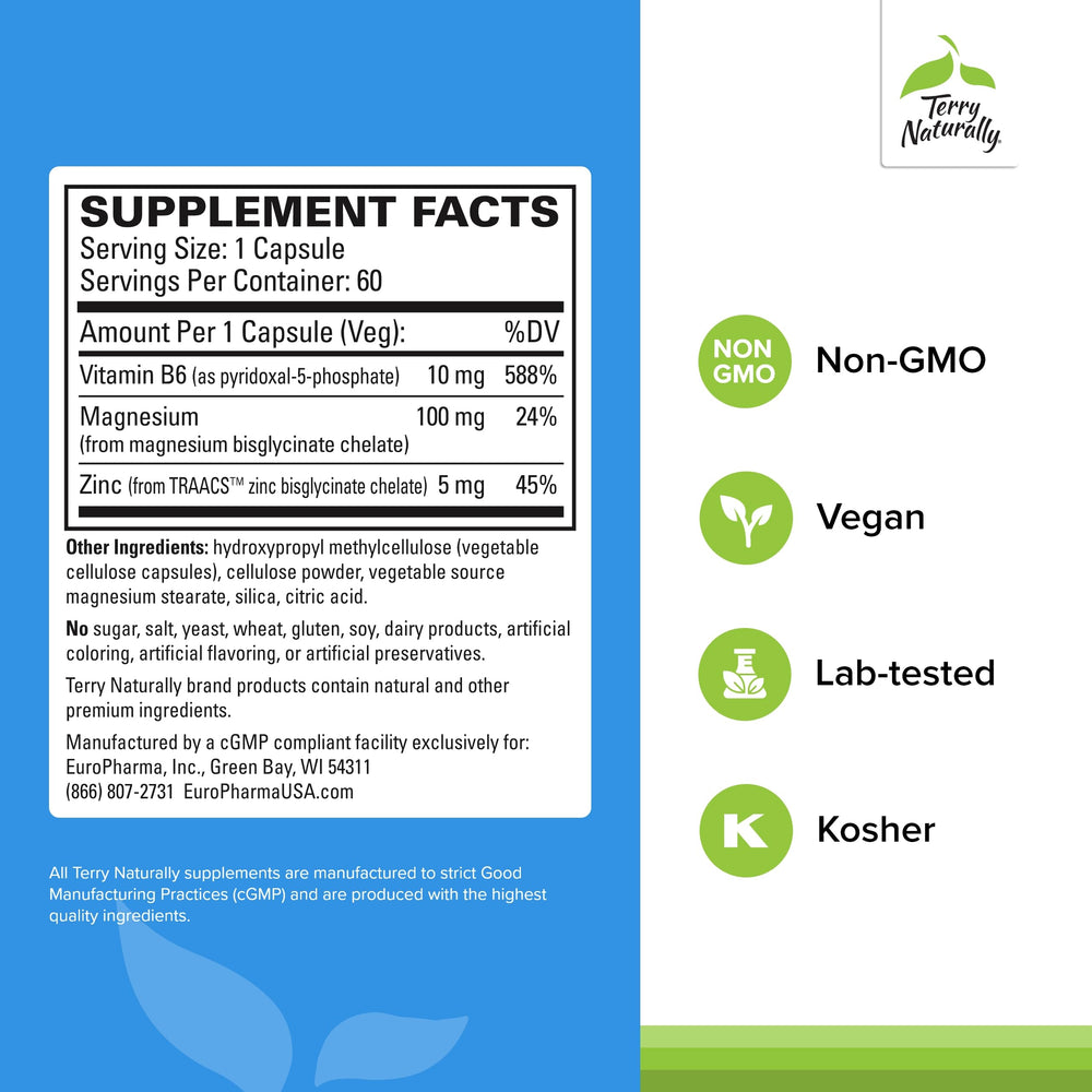 Product label displaying vegan capsules with Mg, B6 P-5-P and zinc for daily wellness.