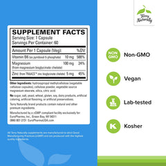 Product label displaying vegan capsules with Mg, B6 P-5-P and zinc for daily wellness.