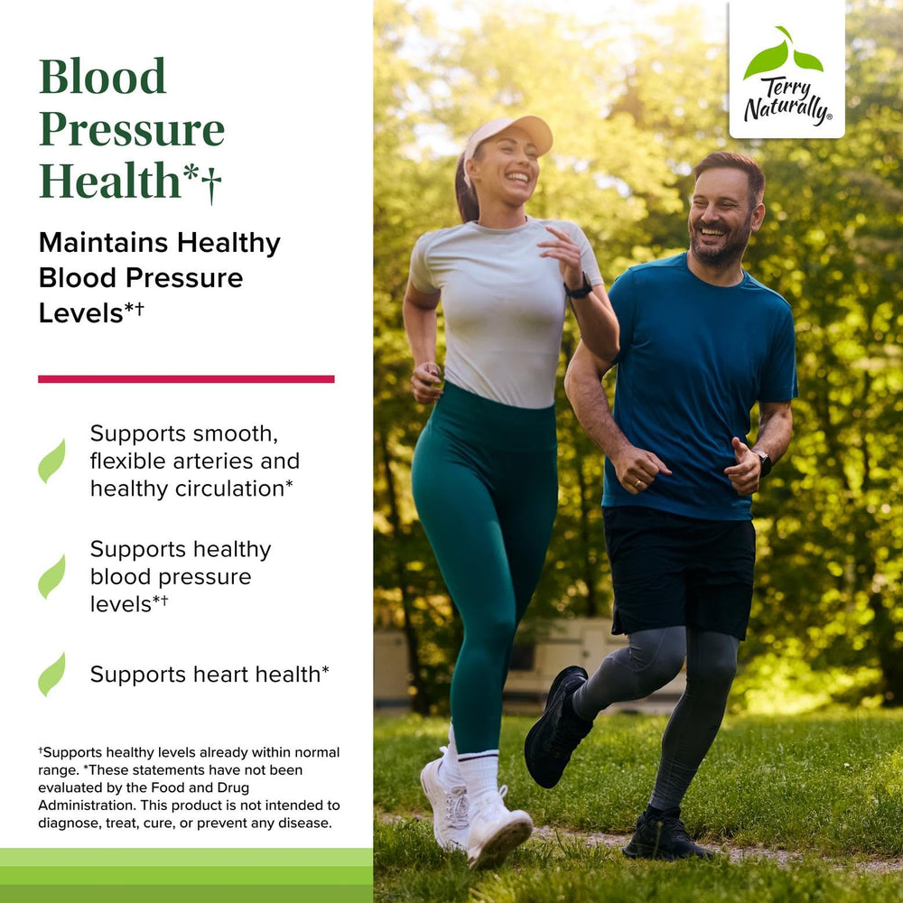 Terry Naturally Blood Pressure Health capsules in hand suggest easy daily dosing.