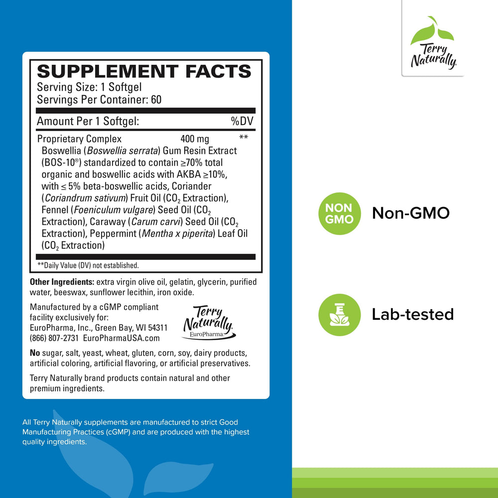 Terry Naturally BosMed bottle label showing ingredients for digestion and comfort.