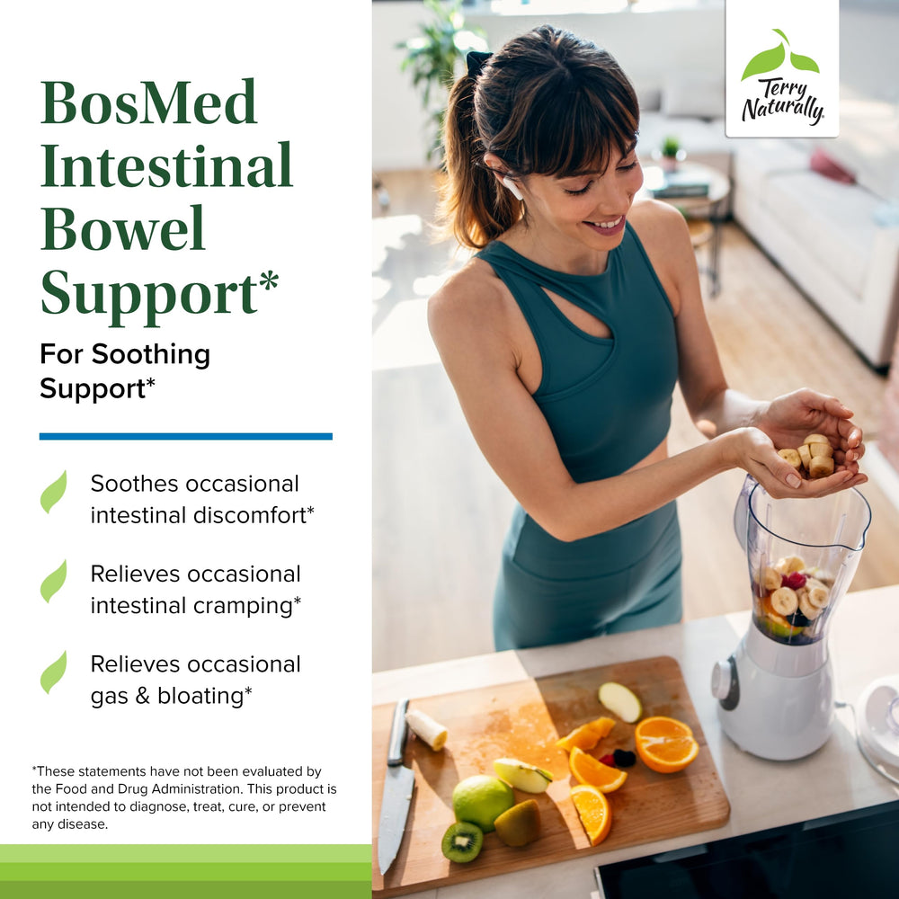 Terry Naturally BosMed softgels being poured, easy daily bowel support.