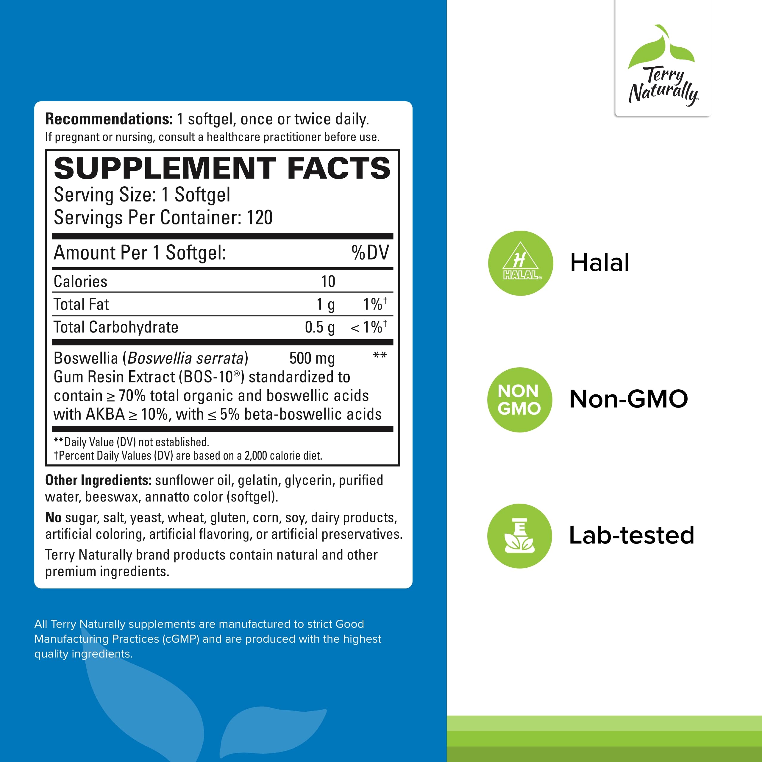 Terry Naturally BosMed 500 softgels close-up highlighting extra strength formula