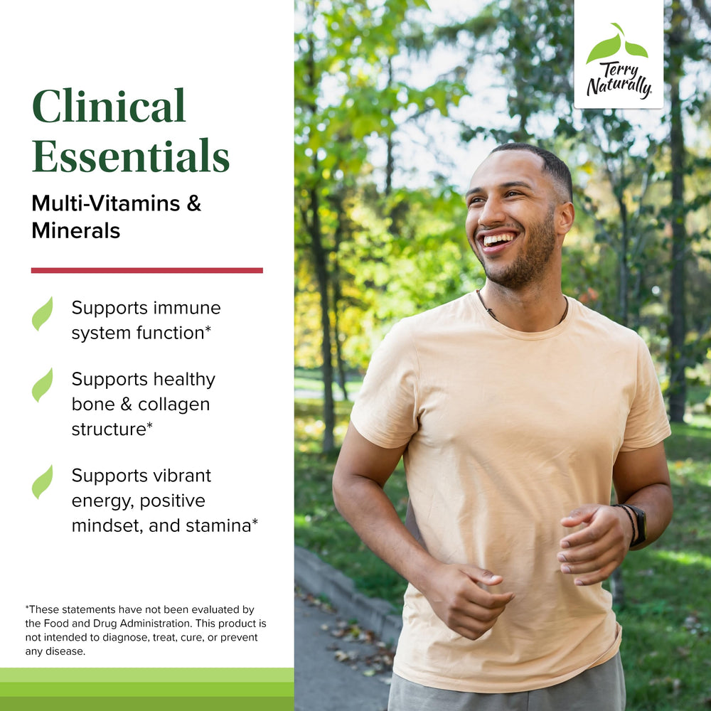 Terry Naturally Clinical Essentials pills closeup highlights compact capsules for daily use.