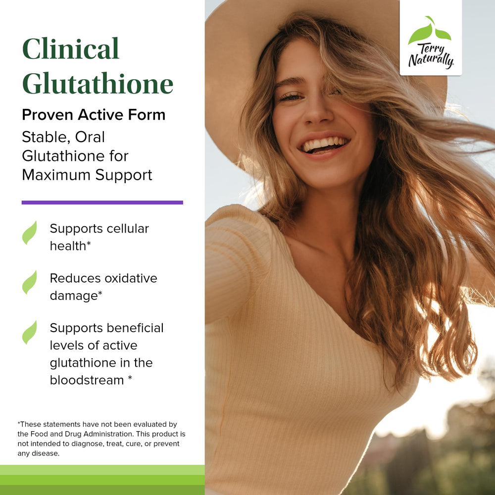 Terry Naturally Glutathione bottle side shows allergen-free vegan formula.