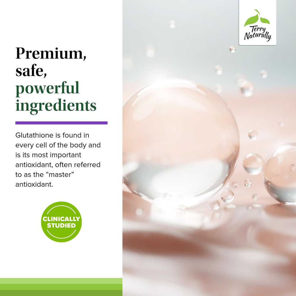Terry Naturally Glutathione packaging image highlights clean ingredient profile.