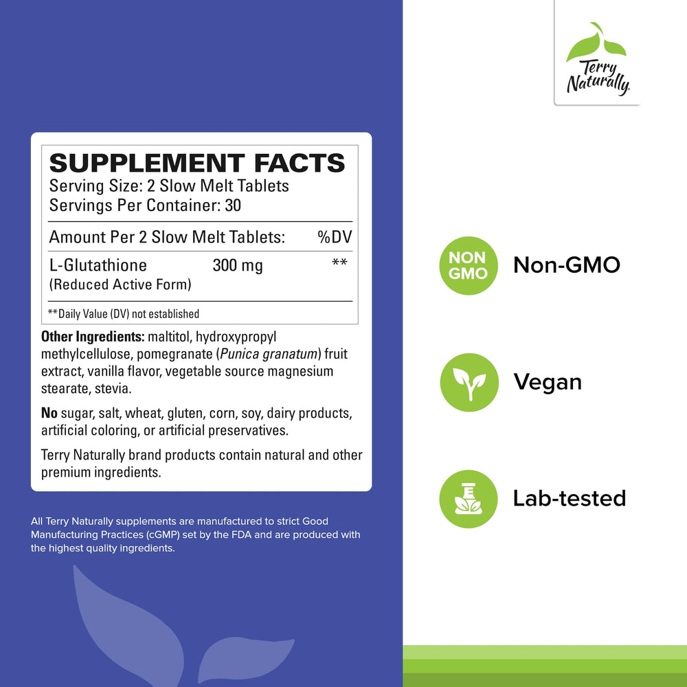 Terry Naturally Glutathione slow-melt tablets close-up for optimized absorption.
