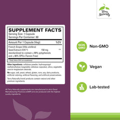Terry Naturally Clinical OPC bottle back highlights ingredients and allergen-friendly formulation.