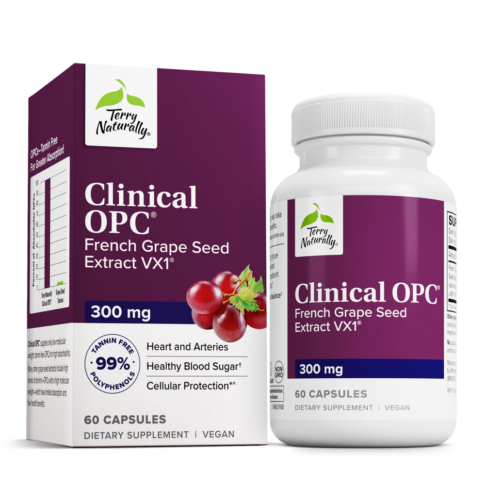 Terry Naturally Clinical OPC bottle front showing grape seed extract for heart and immune support.