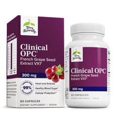 Terry Naturally Clinical OPC bottle front showing grape seed extract for heart and immune support.