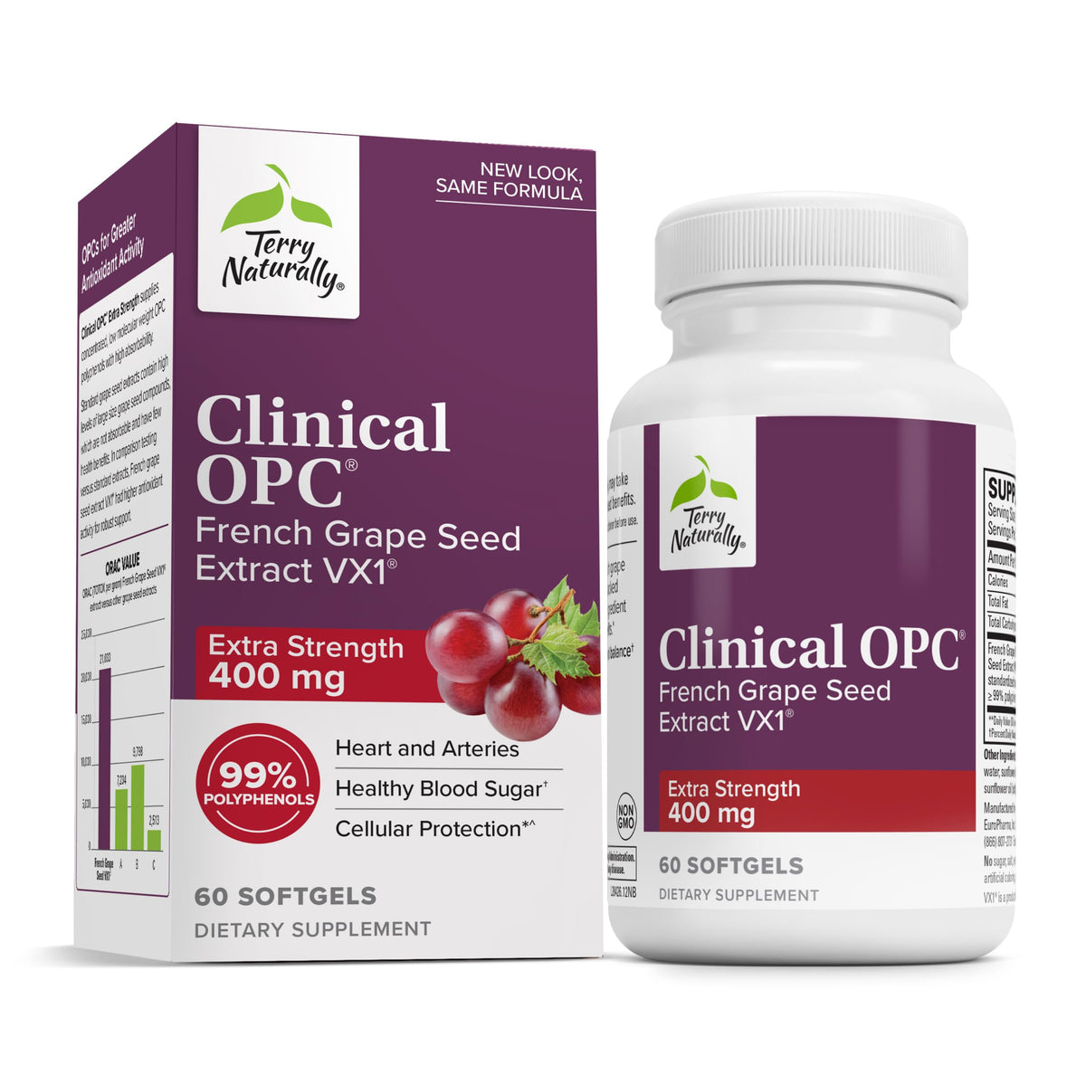 Terry Naturally Clinical OPC extra strength bottle and softgels for heart and immune support.
