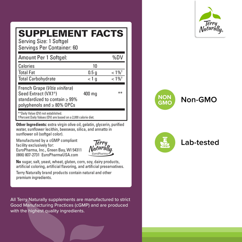 Terry Naturally OPC softgels close-up for daily cardiovascular and focus support.