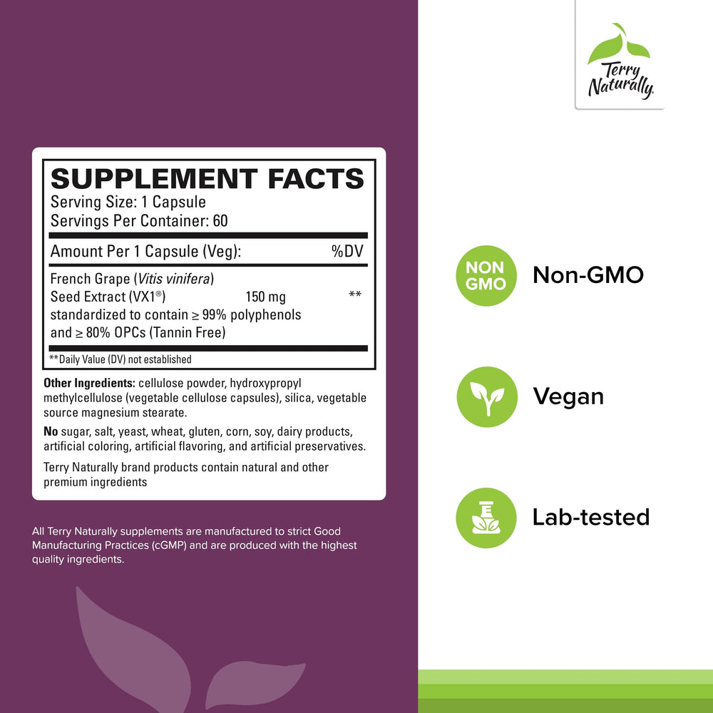 Terry Naturally Clinical OPC label closeup highlighting grape seed extract benefits
