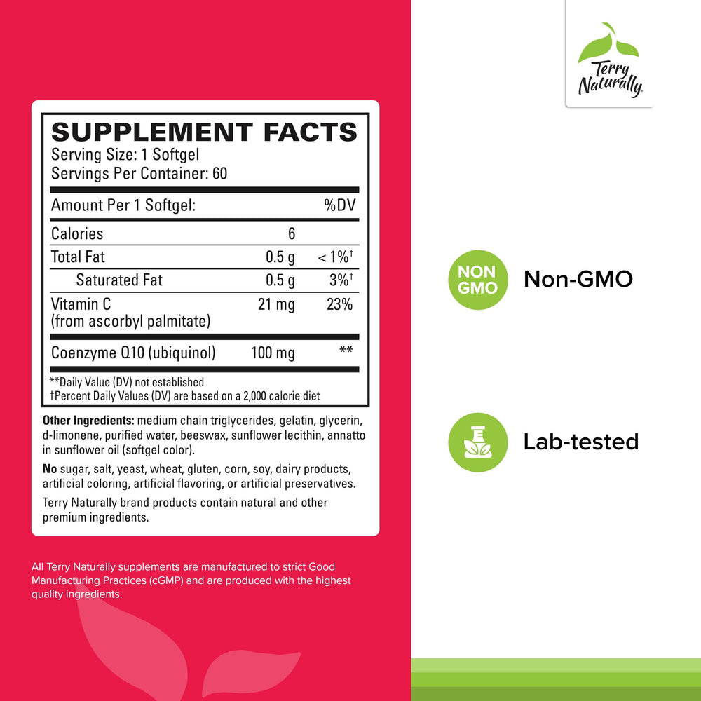 Terry Naturally CoQ10 BioActive softgel pour shows easy daily dosing.