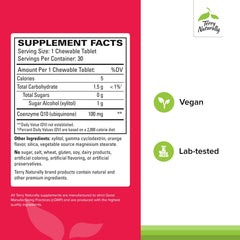 Terry Naturally CoQ10 Chewables bottle back explains dosage and allergen-friendly vegan formula.