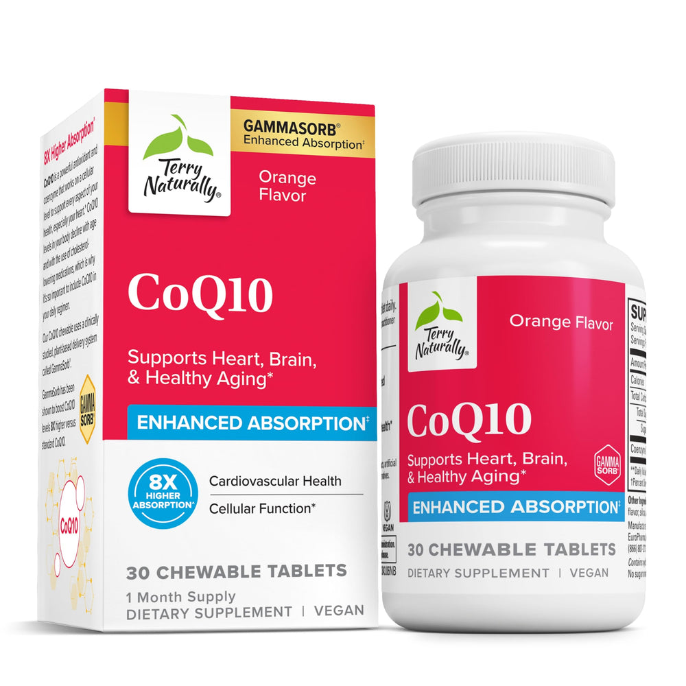 Terry Naturally CoQ10 Chewables bottle front highlights convenient energy-support for daily vitality.