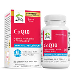 Terry Naturally CoQ10 Chewables bottle front highlights convenient energy-support for daily vitality.